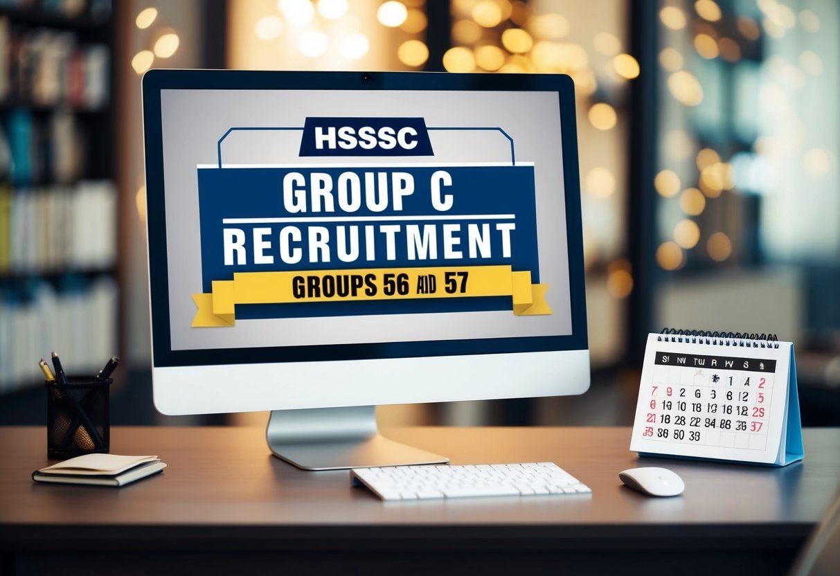 A desk with a computer screen displaying the HSSC Group C recruitment announcement, with a calendar showing the exam date for Groups 56 and 57