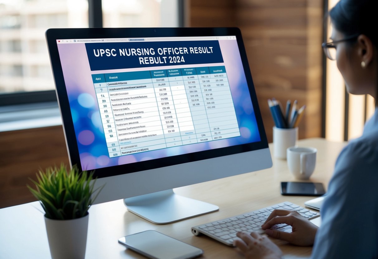 A computer screen displaying the UPSC Nursing Officer Result 2024, with a list of expected cut-off marks and the merit list visible