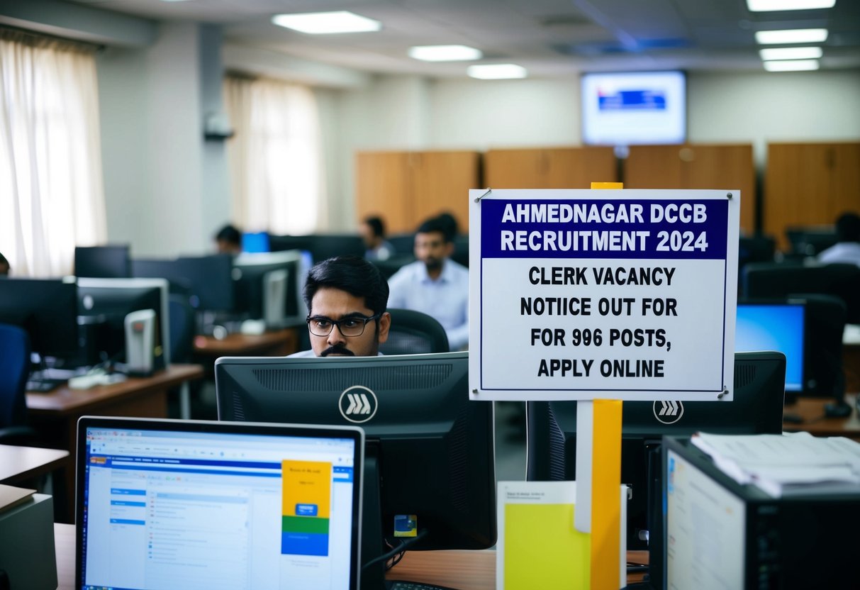 A busy office with multiple desks and computers, with a sign displaying "Ahmednagar DCCB Recruitment 2024, Clerk Vacancy Notice Out for 696 Posts, Apply Online"