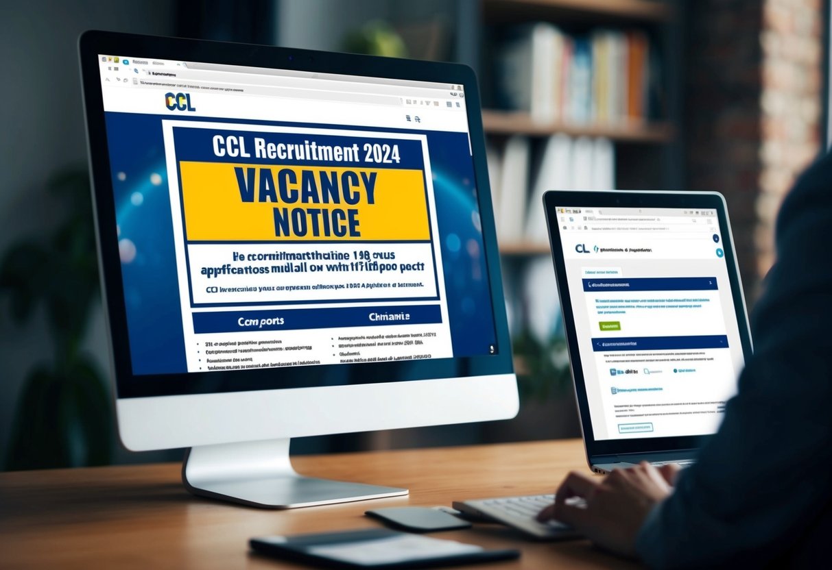 A computer screen displaying the CCL Recruitment 2024 vacancy notice with 1180 posts, and an open web browser for online application