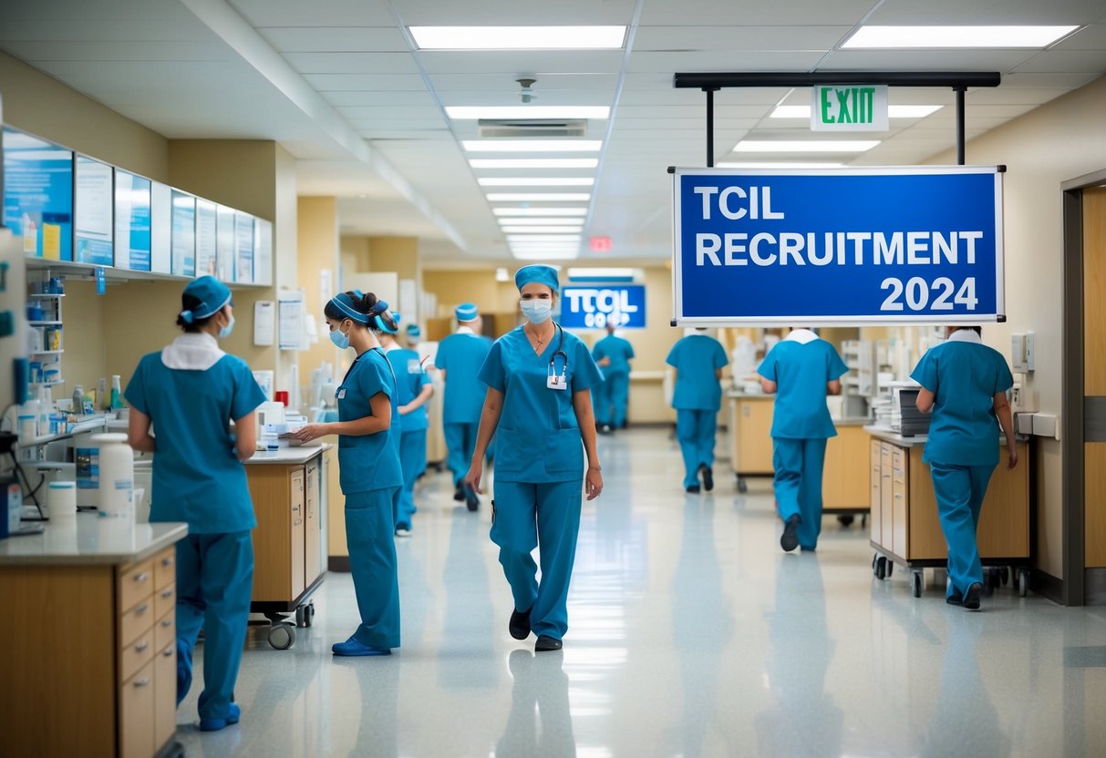 A bustling hospital hallway with nurses, pharmacists, and technicians working in their respective areas, with a sign displaying "TCIL Recruitment 2024" prominently featured