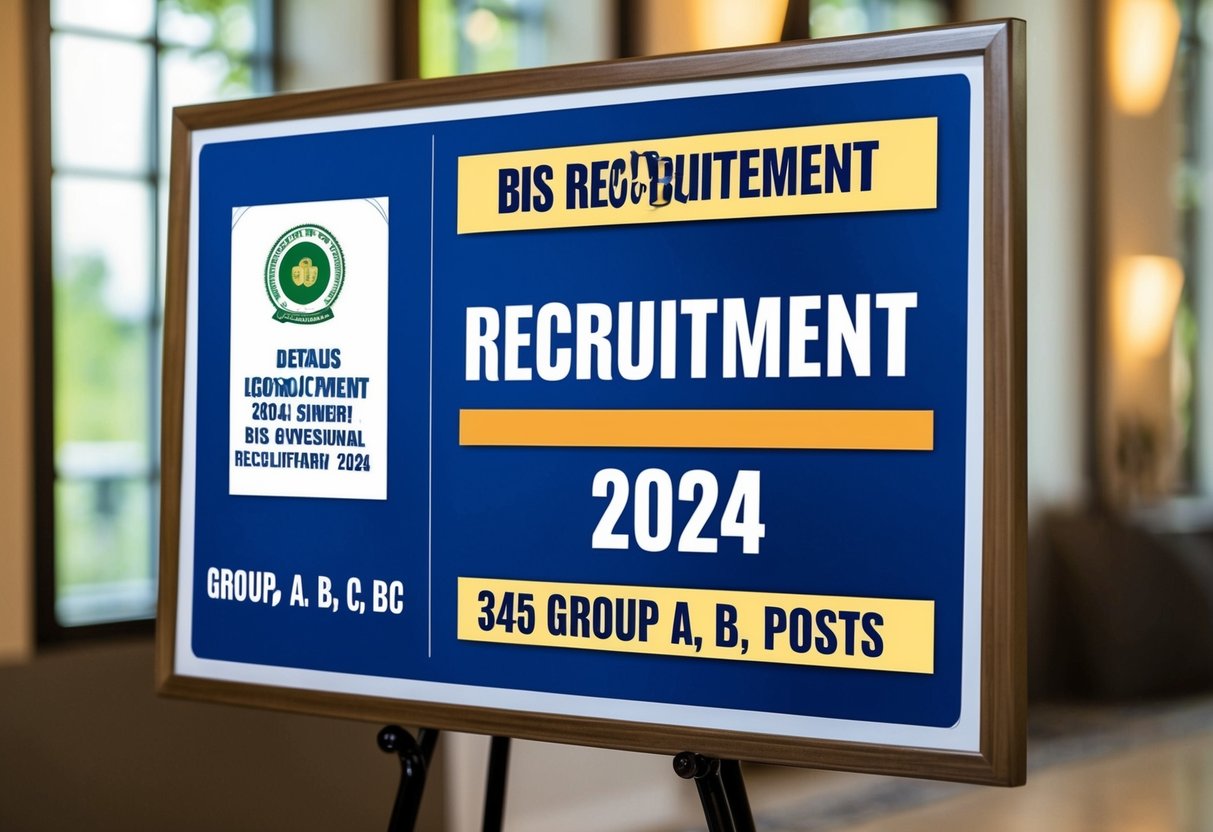 A bulletin board displaying BIS Recruitment 2024 details and vacancy notice for 345 Group A, B, C posts