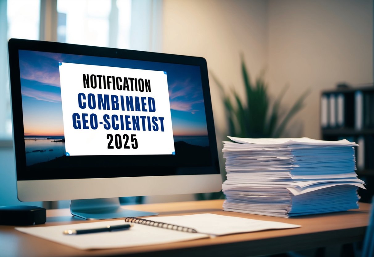 A desk with a computer, a stack of papers, and a pen. A notification for UPSC Combined Geo-Scientist Exam 2025 is displayed on the screen