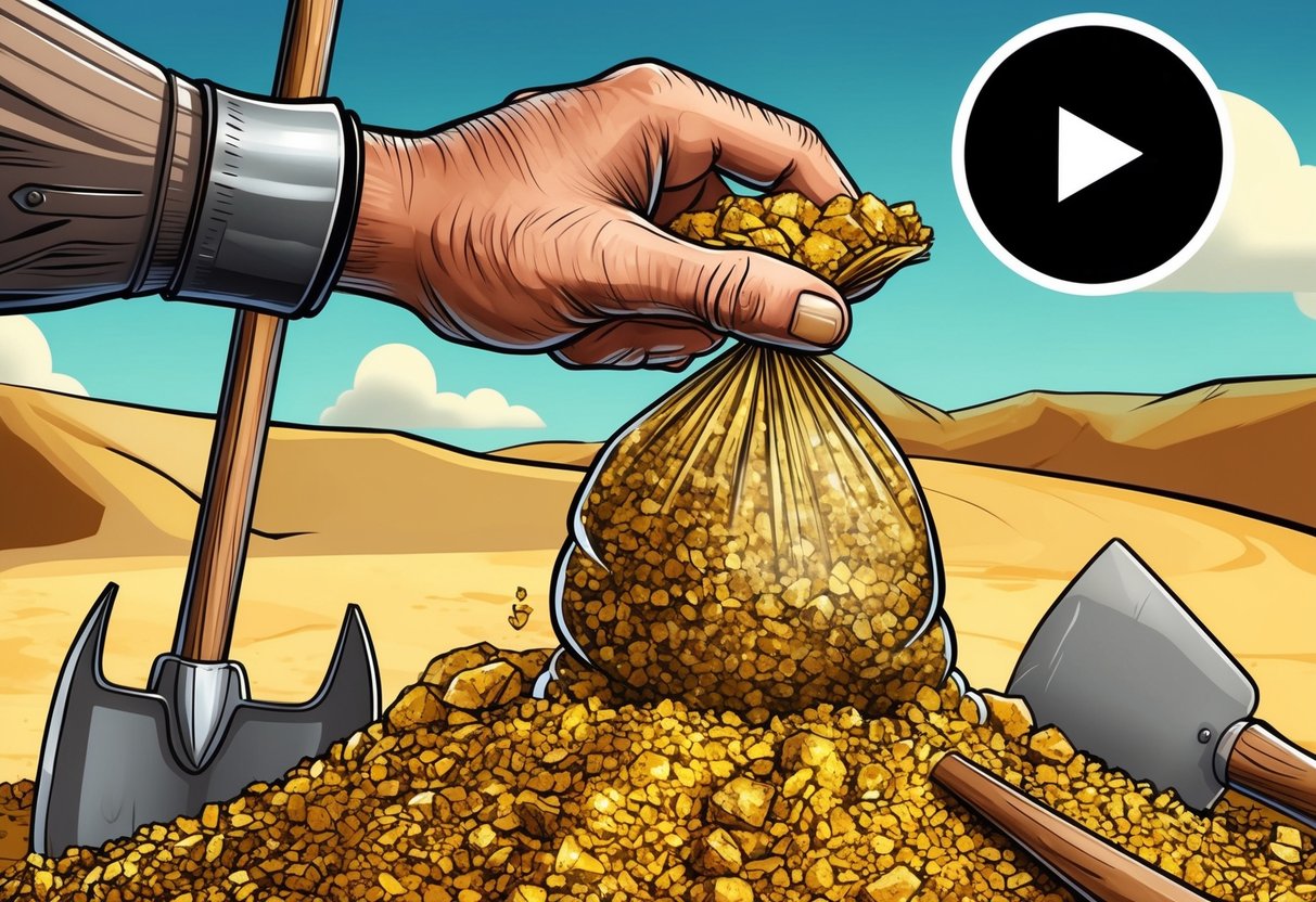 A rugged prospector's hand holding a bag of rich gold paydirt, with a pickaxe and shovel nearby, and a YouTube play button logo in the background