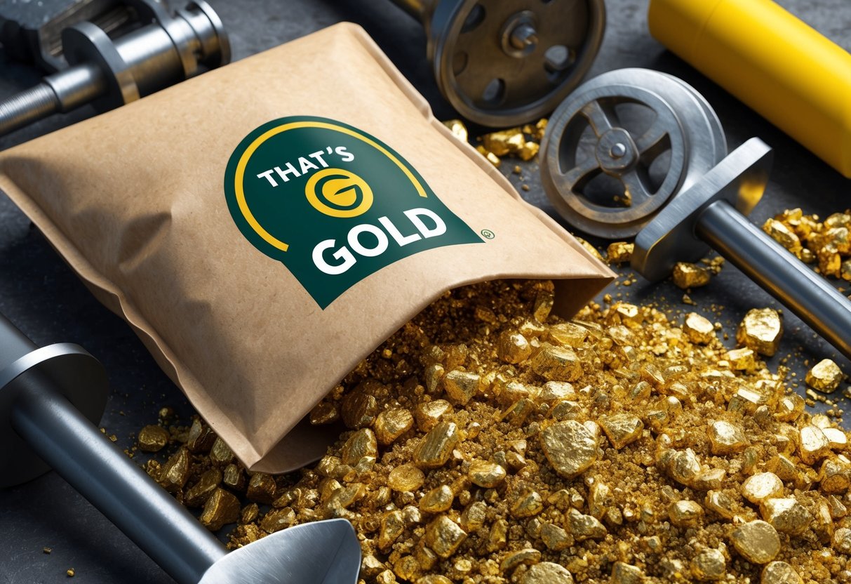 A close-up of a bag of Gold Paydirt surrounded by mining tools and equipment, with the "That's Gold" logo prominently displayed