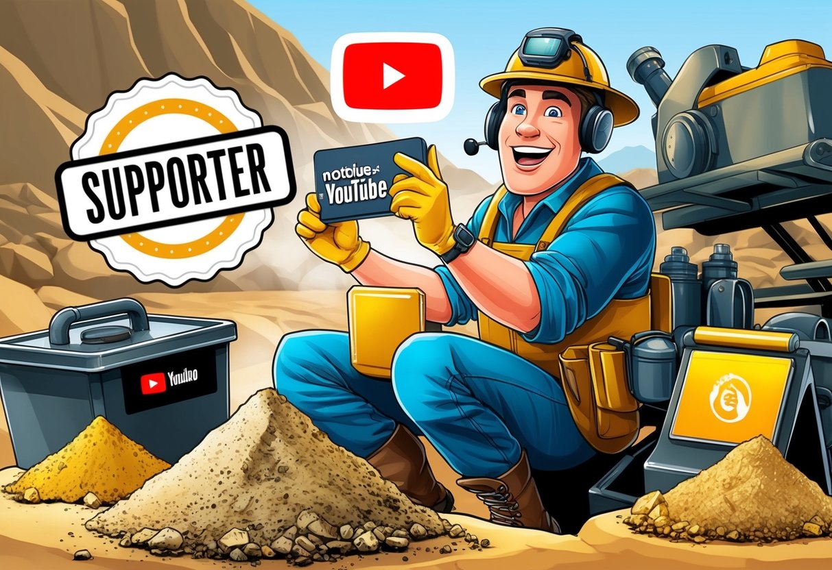 A gold prospector eagerly watches YouTube, surrounded by mining equipment and paydirt samples, while a "Supporter" badge is prominently displayed