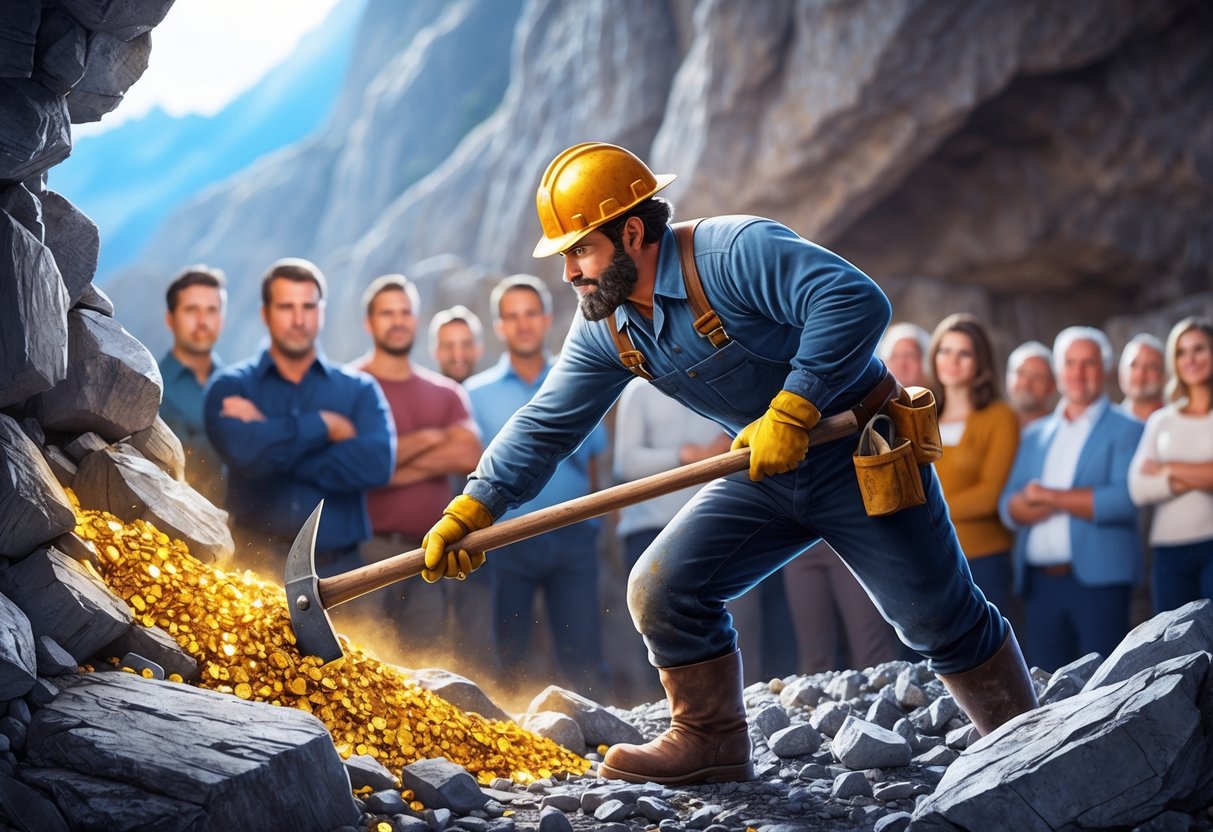 A rugged miner using a pickaxe to extract gold from a rocky mine, with a supportive audience watching in the background