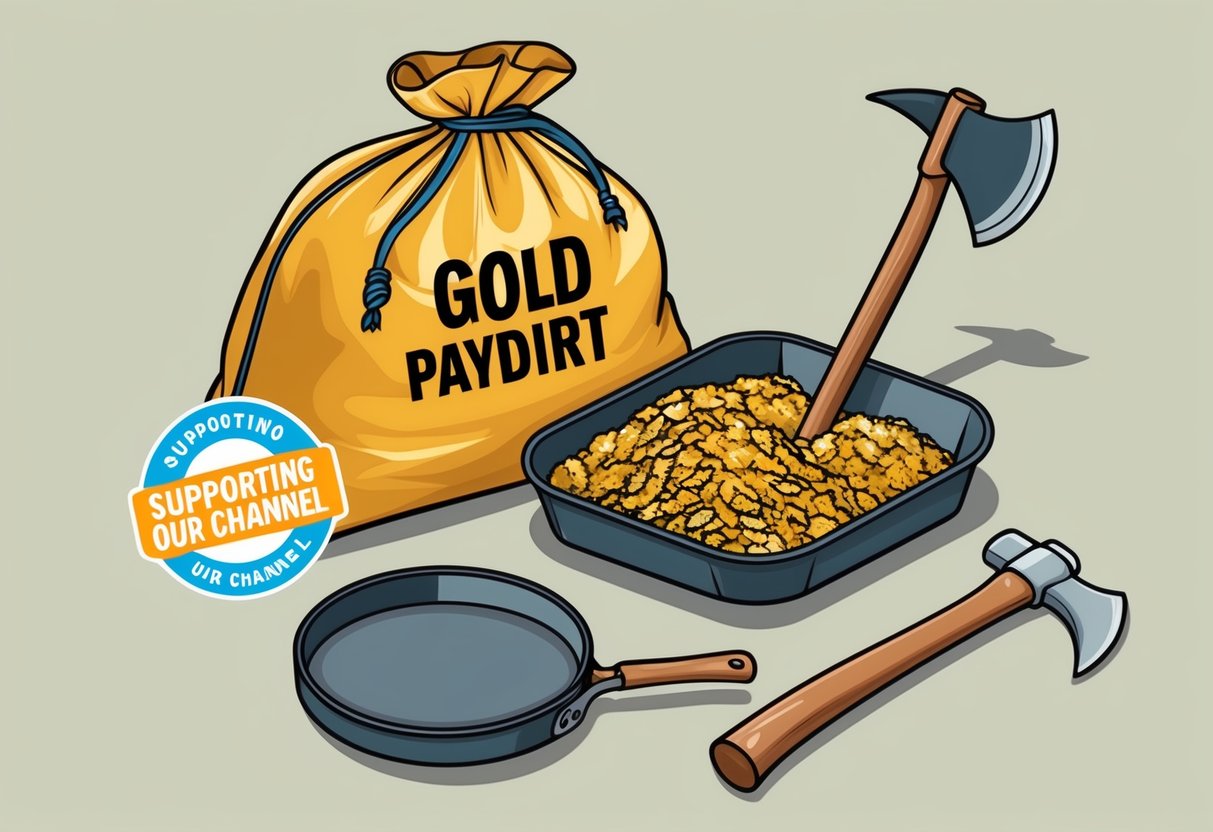 A prospector's kit: gold paydirt bag, shovel, pan, and pickaxe, with a "Supporting Our Channel" sticker