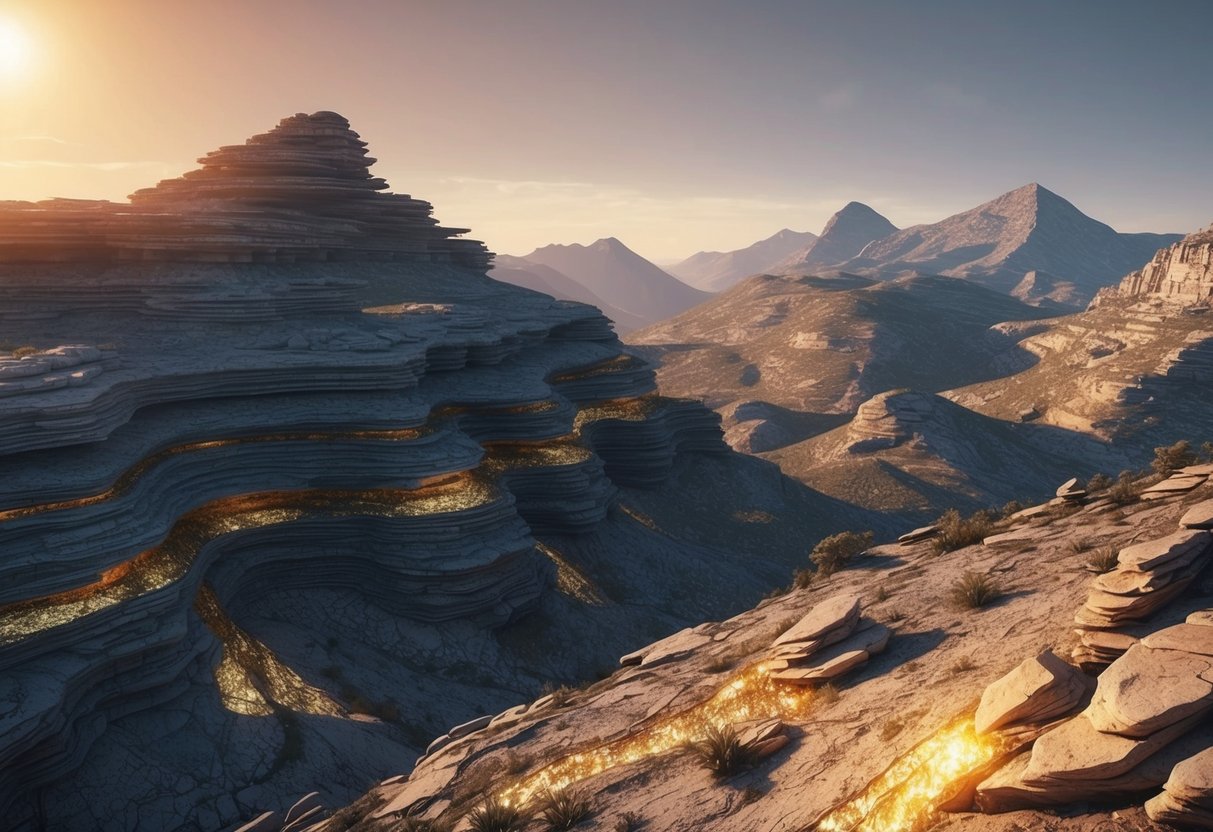 A rugged mountain landscape with layers of rock and veins of gold shimmering in the sunlight