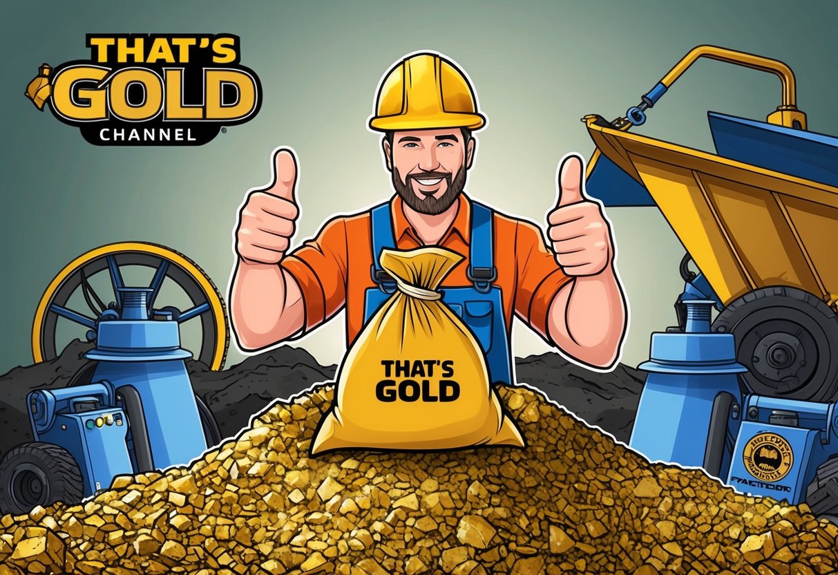 A miner holding a bag of gold paydirt, with a thumbs-up gesture, surrounded by mining equipment and the "That's Gold" channel logo