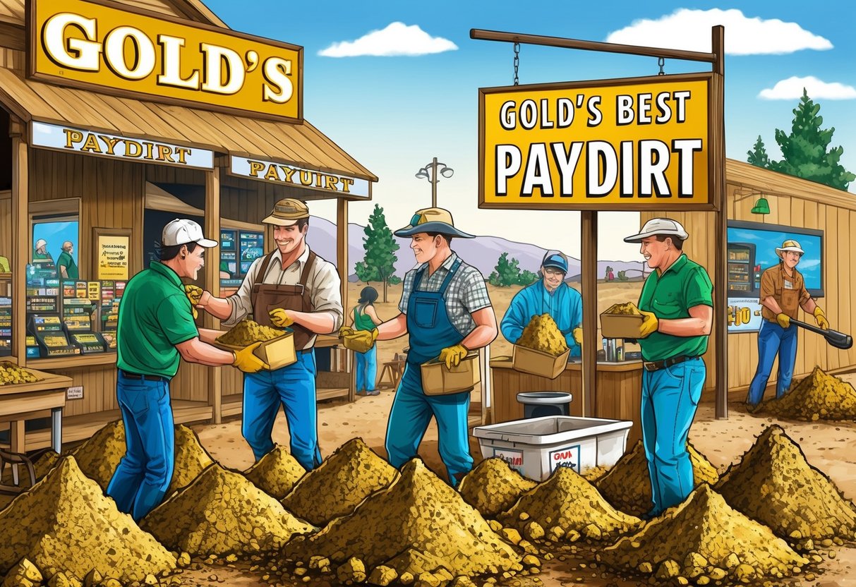 A bustling gold market with people exchanging paydirt and a prominent sign for "Gold's Best Paydirt" while a person supports a channel in the background