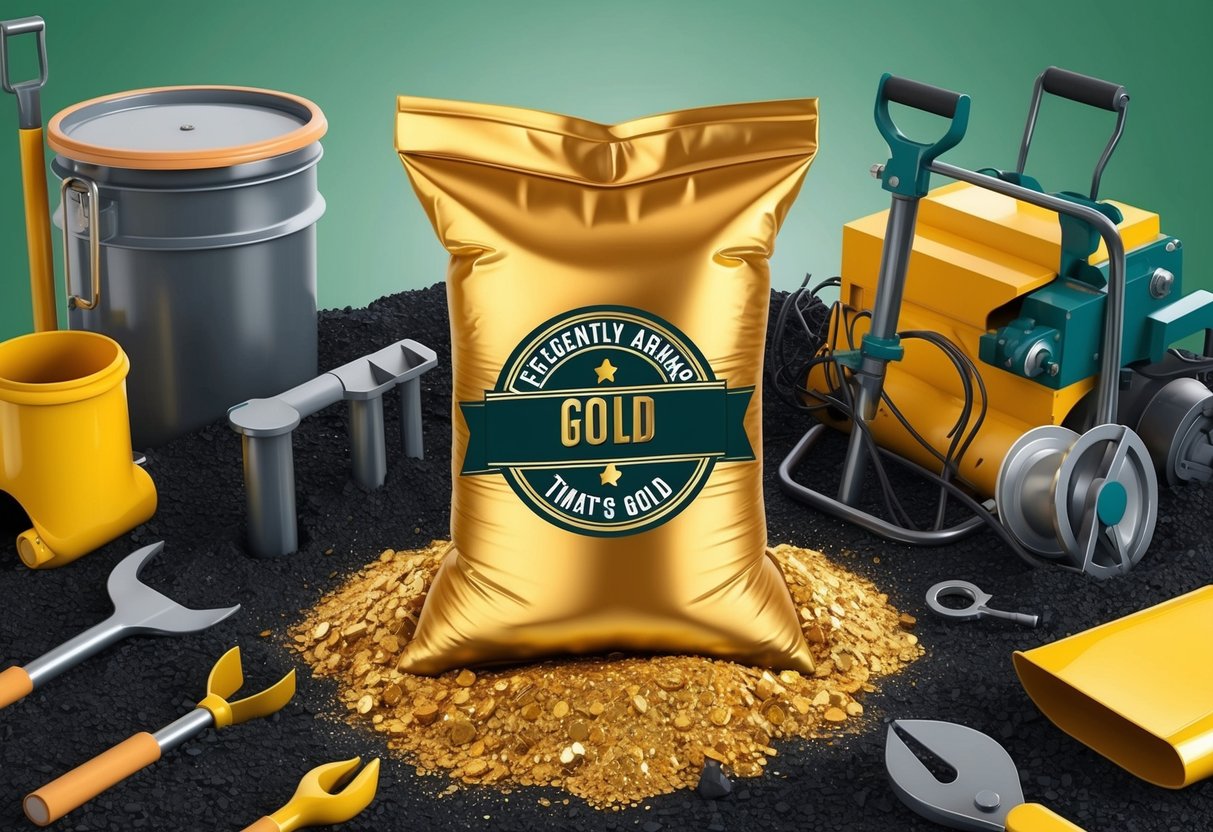 A gold paydirt bag surrounded by mining tools and equipment, with a prominent "Frequently Asked Questions That's Gold" logo