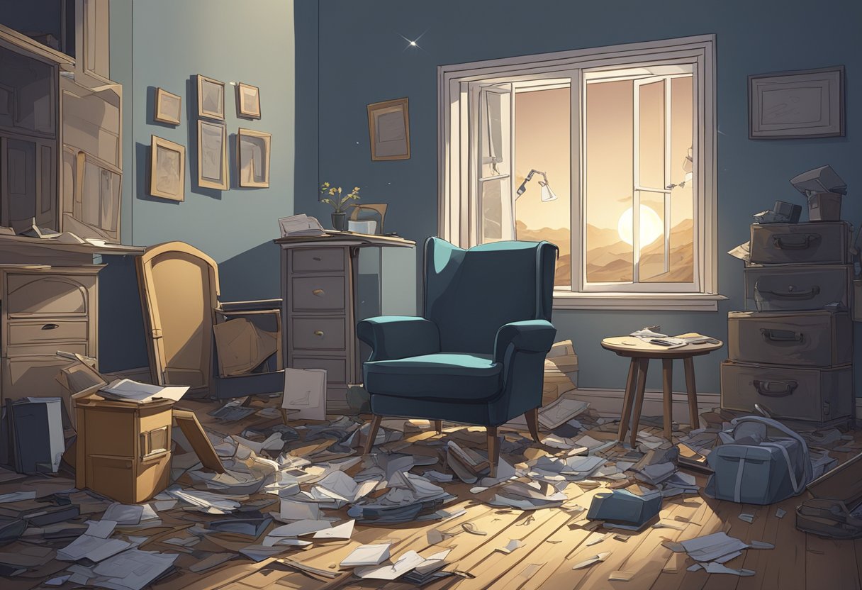 A deserted room with scattered belongings and an overturned chair. A broken window lets in the moonlight