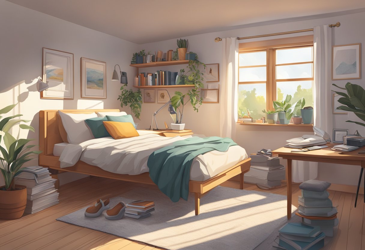 A serene, sunlit bedroom with a cozy bed and a desk cluttered with self-help books and fitness equipment