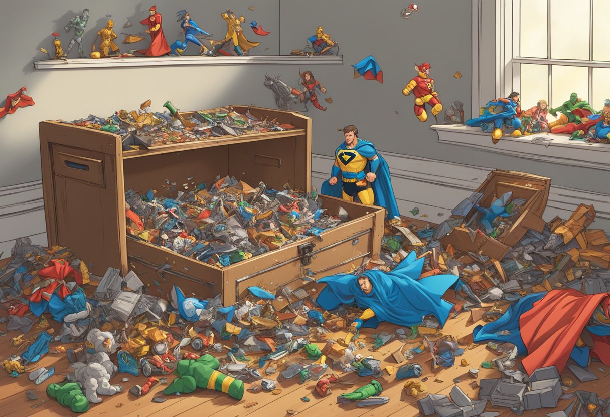 Little Hercules's toy chest burst open, spilling out a jumble of broken action figures and scattered superhero capes across the floor