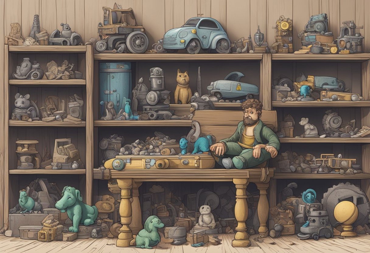 A small toy Hercules figurine sits abandoned on a cluttered shelf, surrounded by dusty old toys and forgotten trinkets