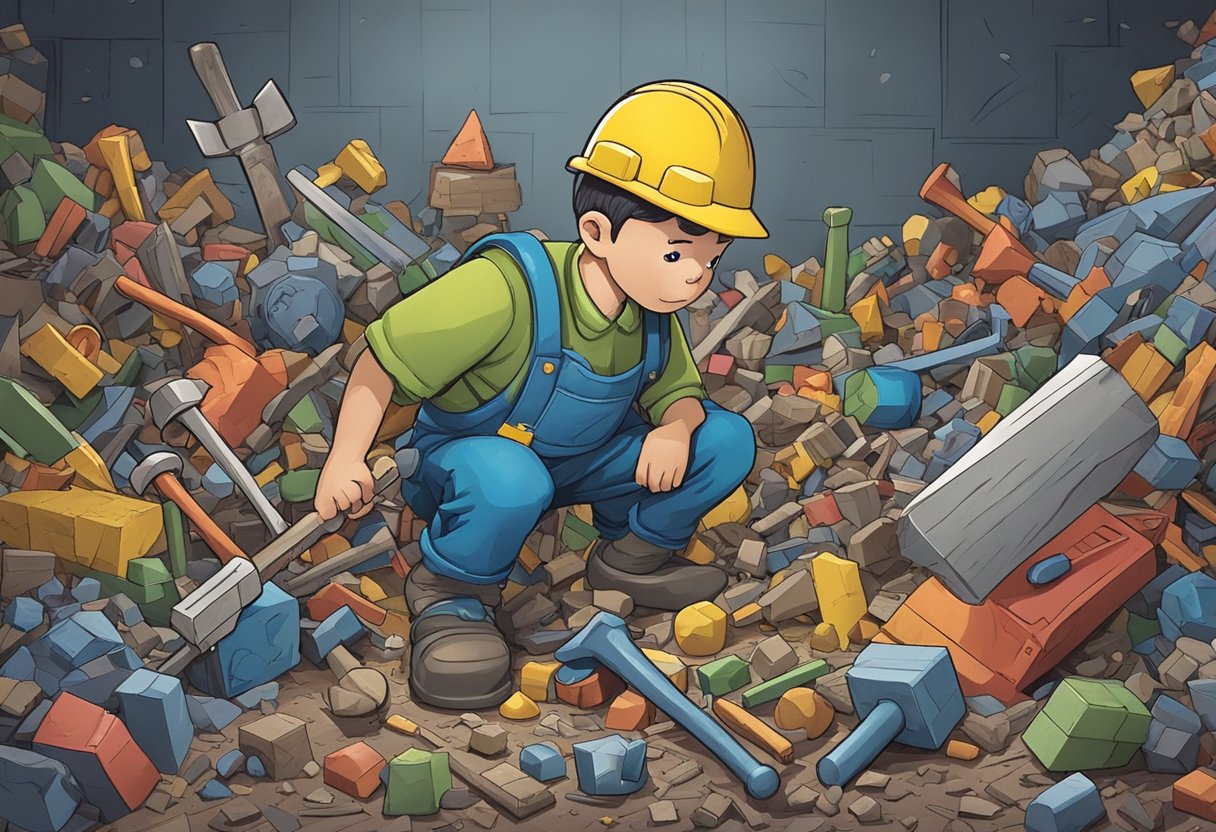 A small figure stands in front of a pile of broken toys, looking determined as they pick up a hammer and chisel