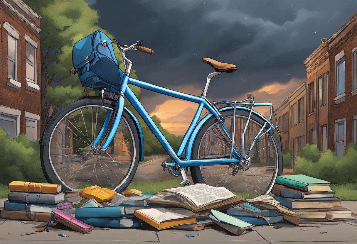 Aaliyah's abandoned bicycle lies on a deserted street, surrounded by scattered books and a fallen backpack. A stormy sky looms overhead