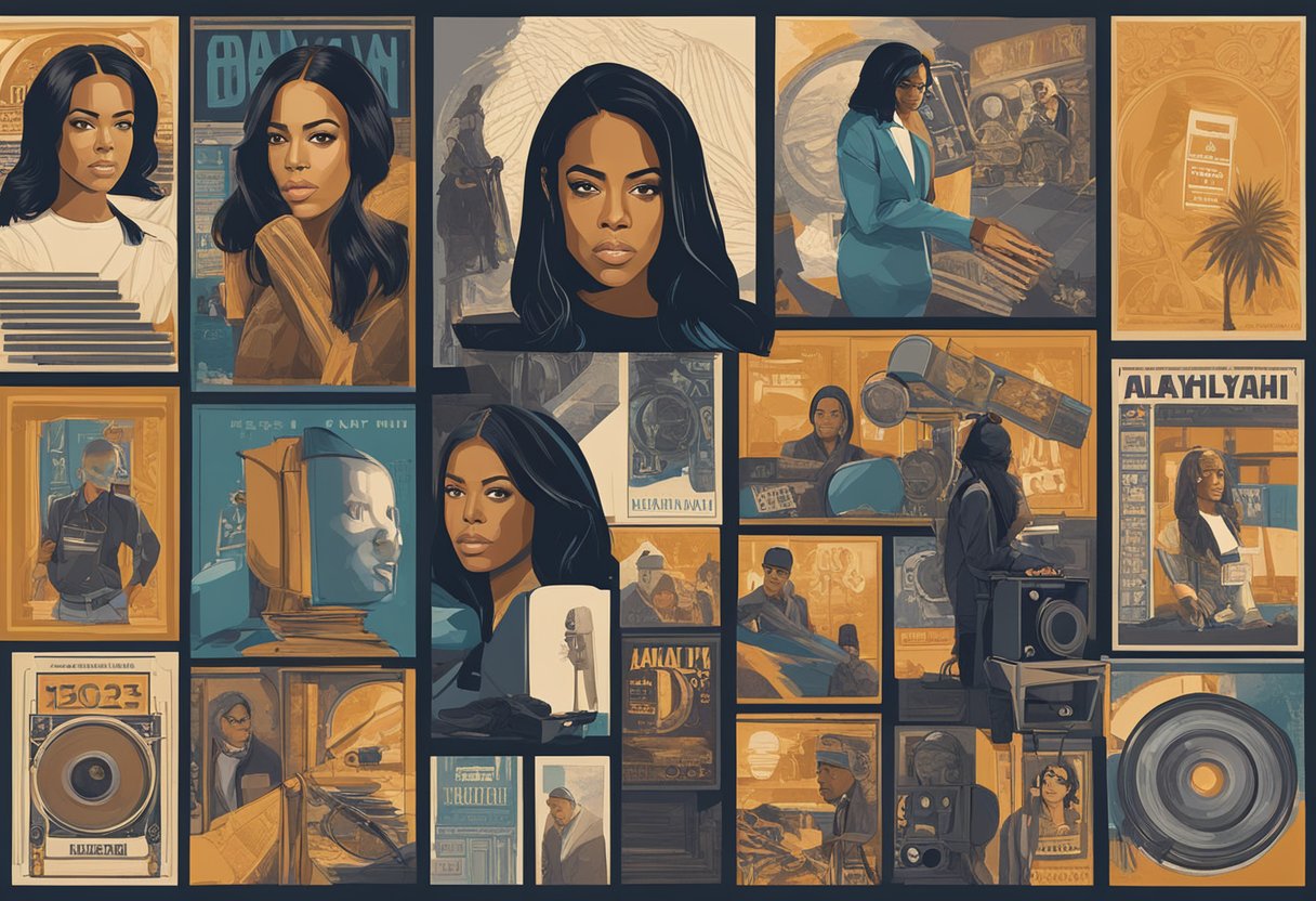 A spotlight illuminates a collection of movie posters featuring Aaliyah's diverse acting roles, surrounded by vintage film reels and a classic director's chair