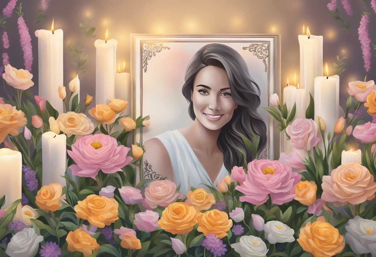 A woman's photo on a memorial wall surrounded by flowers and candles