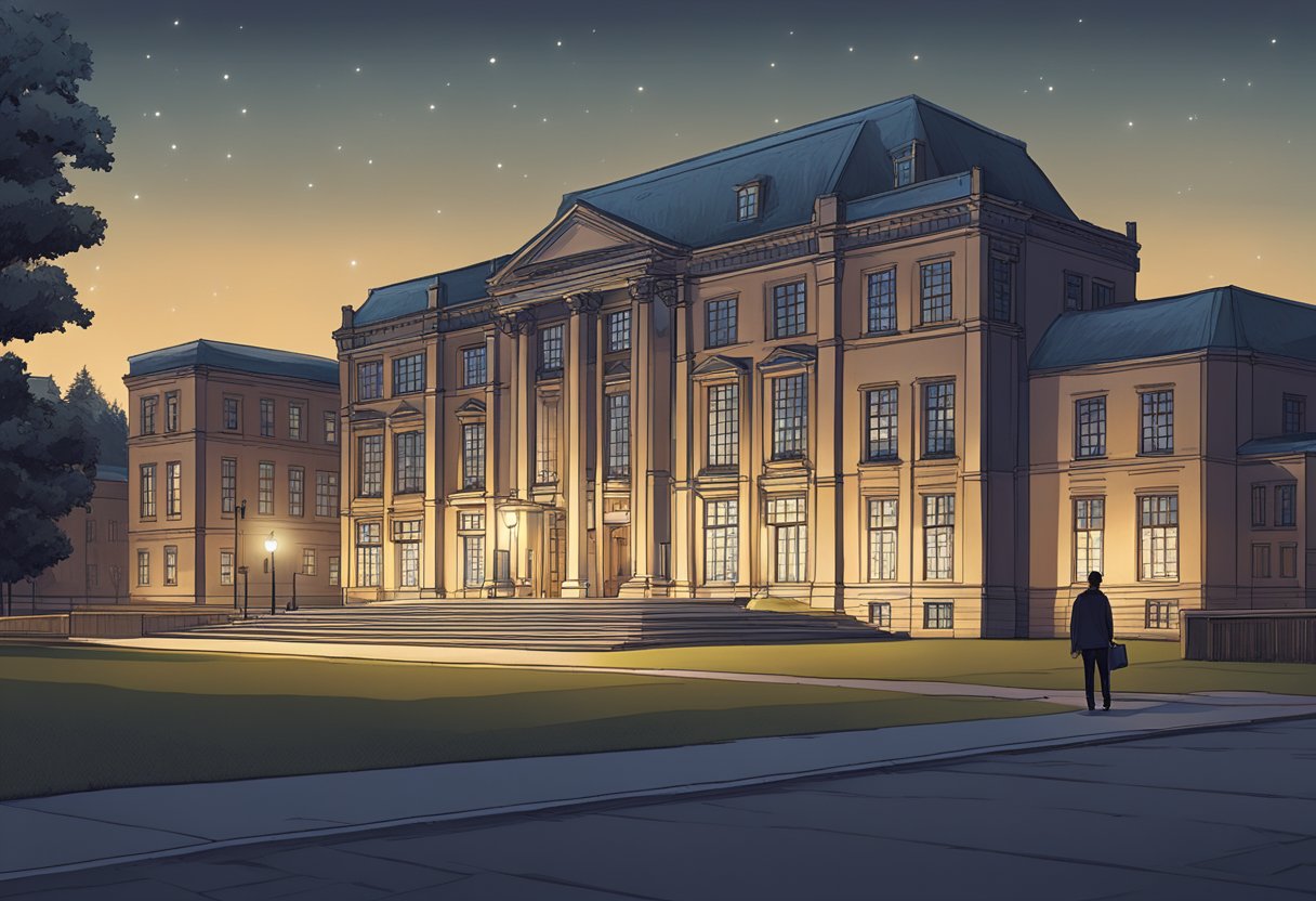 A university campus at night, with a lone figure walking towards a dimly lit building