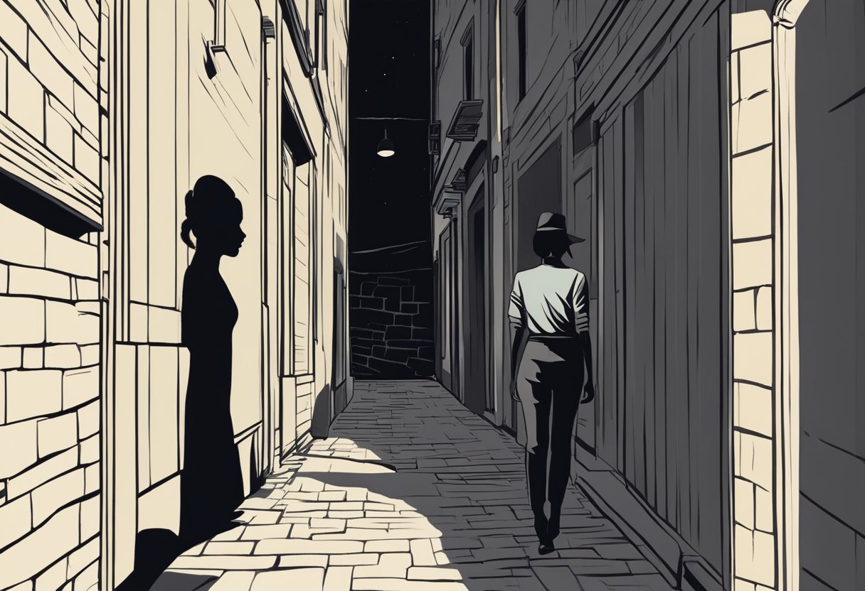 A woman's shadow cast against a dimly lit alley, a figure lurking in the background