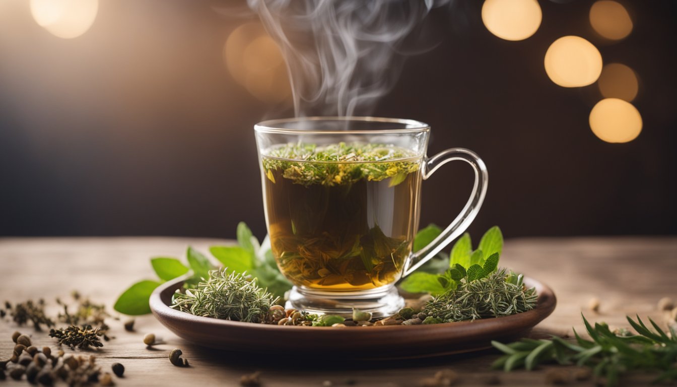 A cup of herbal decoction surrounded by fresh and dried herbs, creating a cozy and inviting atmosphere