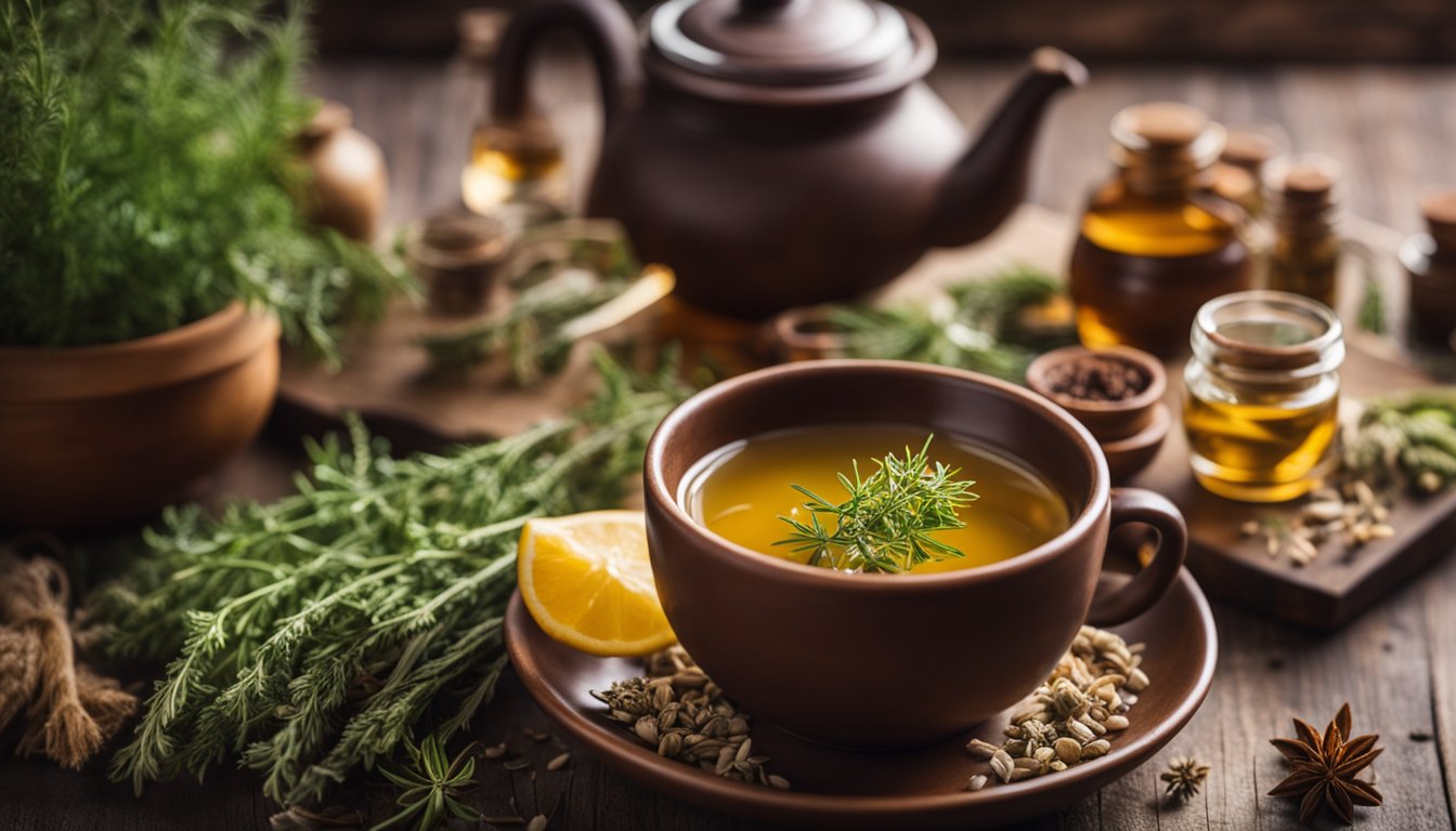 A cup of herbal decoction surrounded by fresh and dried herbs, creating a cozy and inviting atmosphere