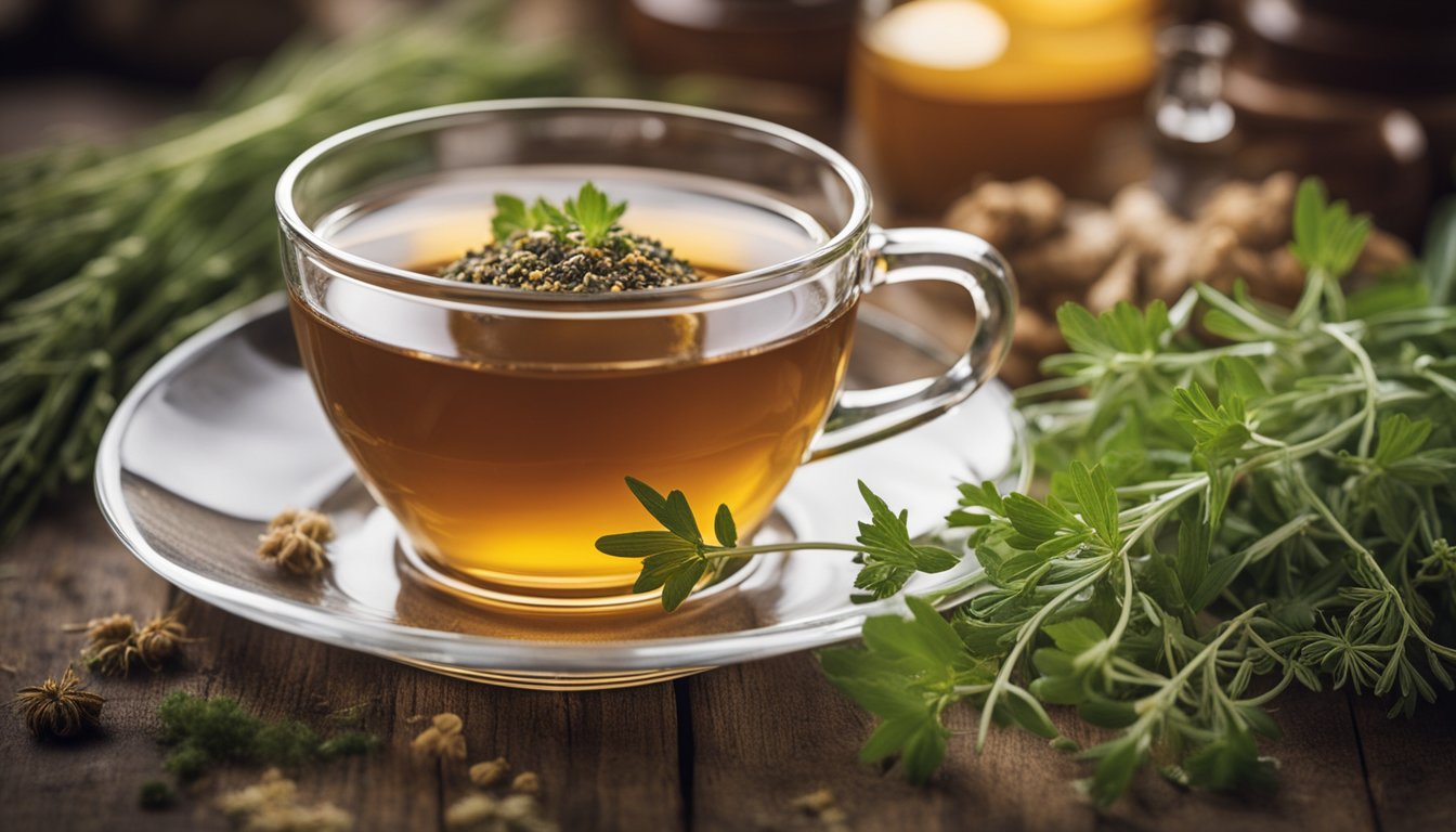 A cup of herbal decoction sits amid fresh and dried herbs, creating a cozy and inviting atmosphere