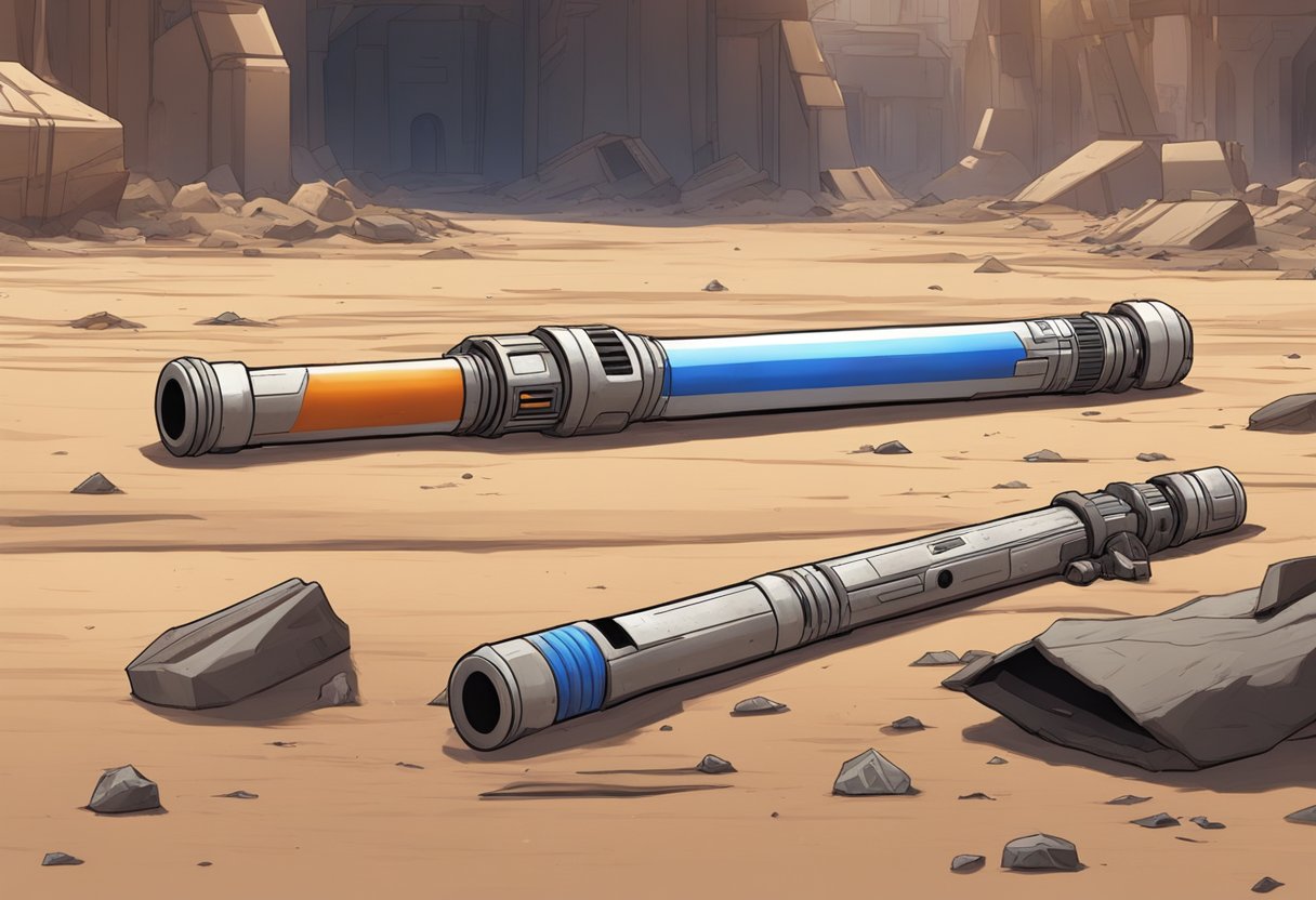 Ahsoka's lightsabers lie abandoned on the ground, surrounded by scorch marks and debris. A sense of loss and betrayal hangs heavy in the air