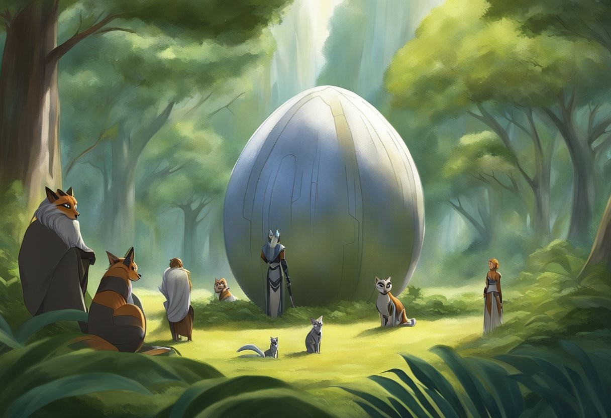 Ahsoka's birth: a radiant sky, a lush forest, and a gentle breeze as she emerges from her egg, surrounded by her proud and protective family