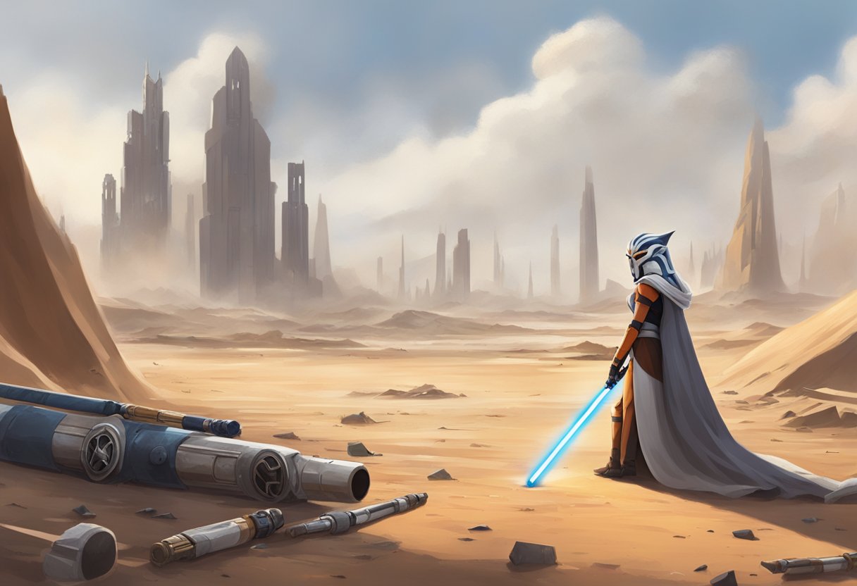 Ahsoka's abandoned lightsabers lay on the ground, surrounded by the remnants of a fierce battle. Smoke and debris fill the air as the once bustling battlefield now lies empty and desolate