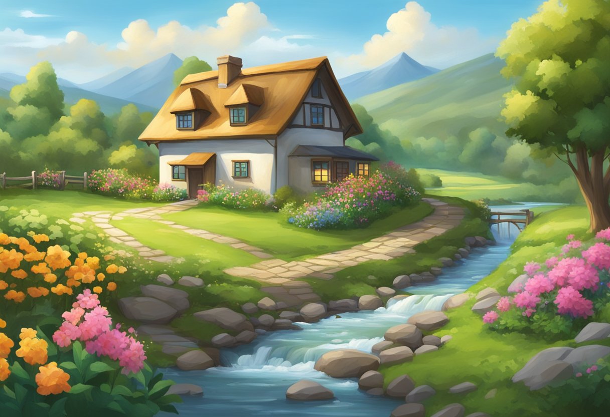 Matthew's early days: A serene countryside with a humble house and a flowing river, surrounded by lush greenery and colorful flowers