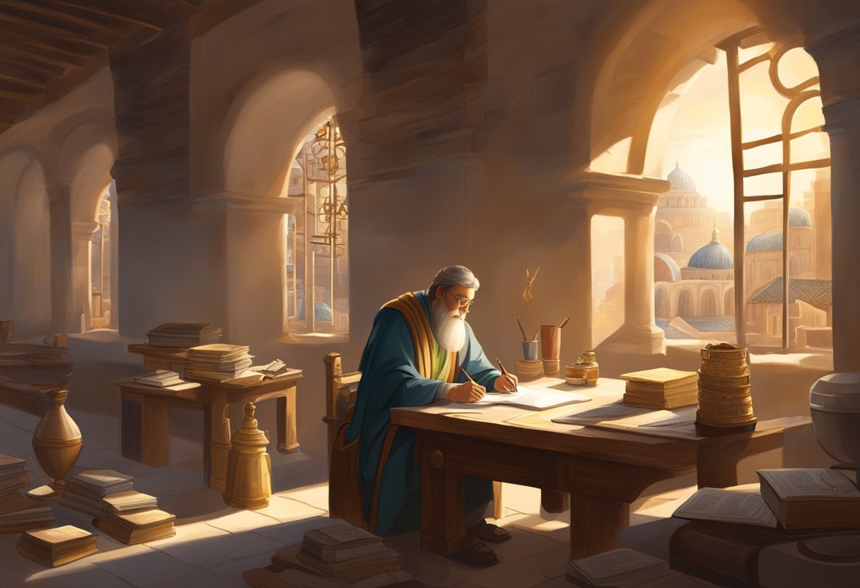 Matthew writing and teaching in a bustling ancient city. Scrolls and writing implements scattered on a table. Sunlight streaming through an open window