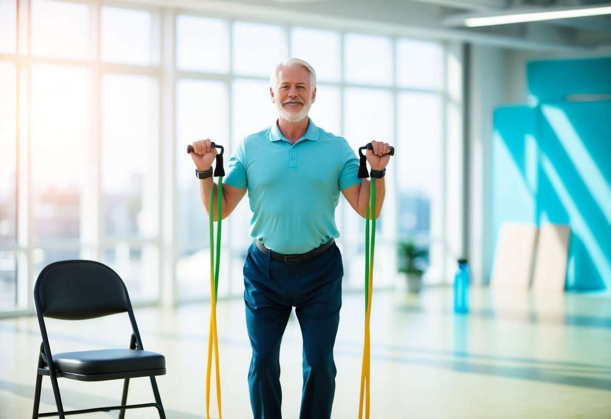 A senior exercising with resistance bands in a bright, open space. A chair and water bottle nearby