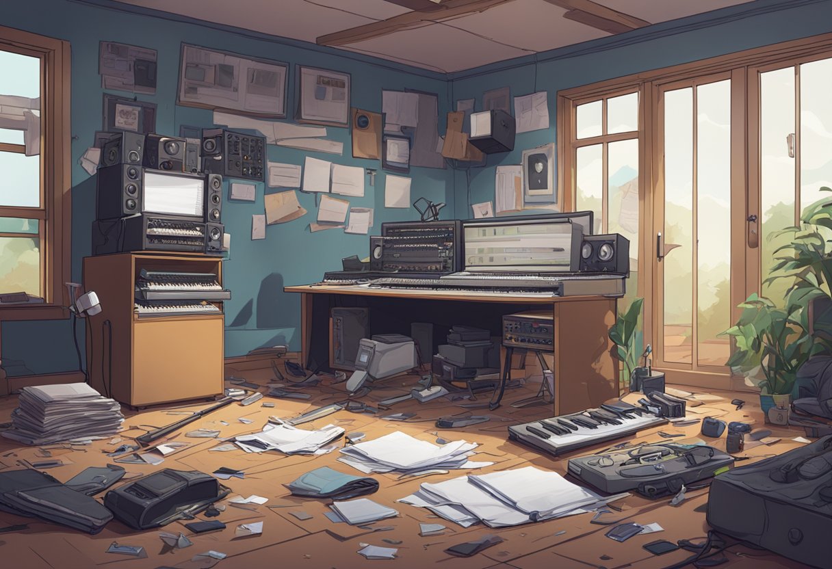 Markiplier's abandoned recording studio, with overturned equipment and scattered papers. A broken camera lies on the floor, hinting at a struggle