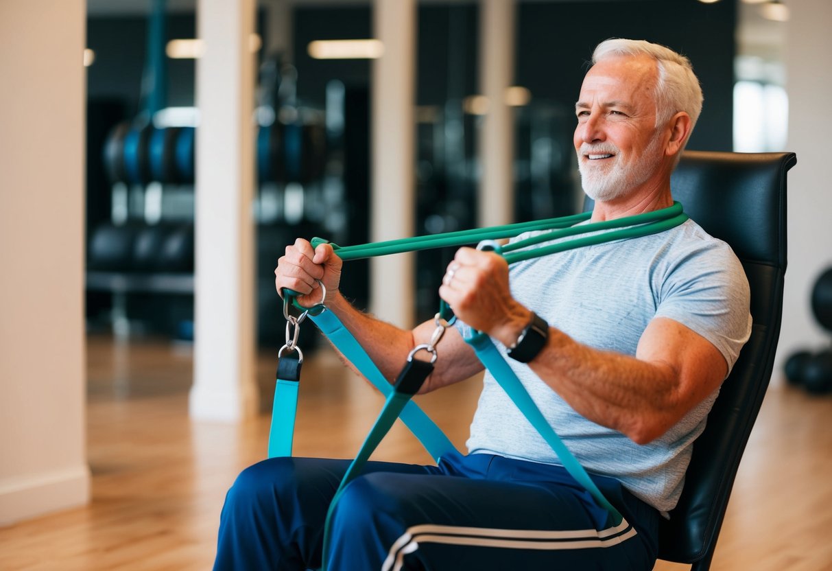 A senior using resistance bands to perform isometric exercises while seated in a chair