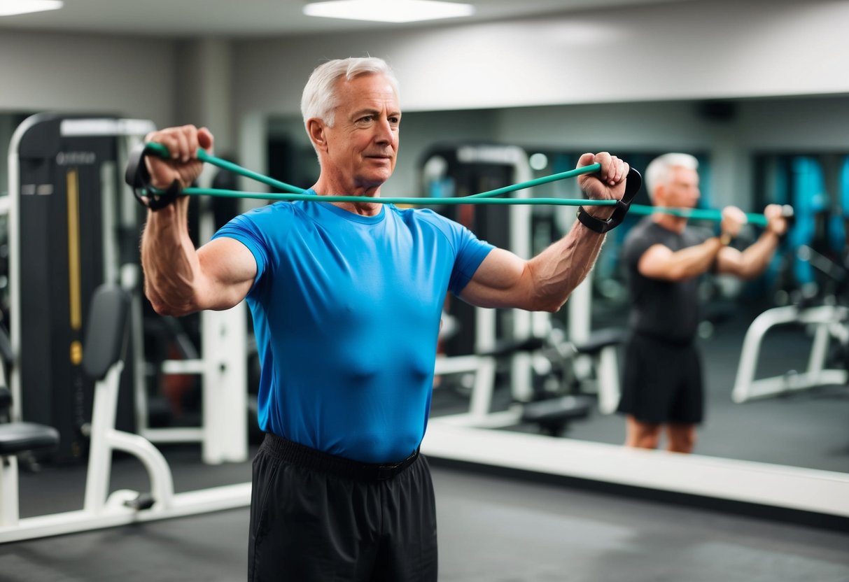 A senior using resistance bands to perform isometric exercises in a well-lit gym with a mirror and exercise equipment in the background