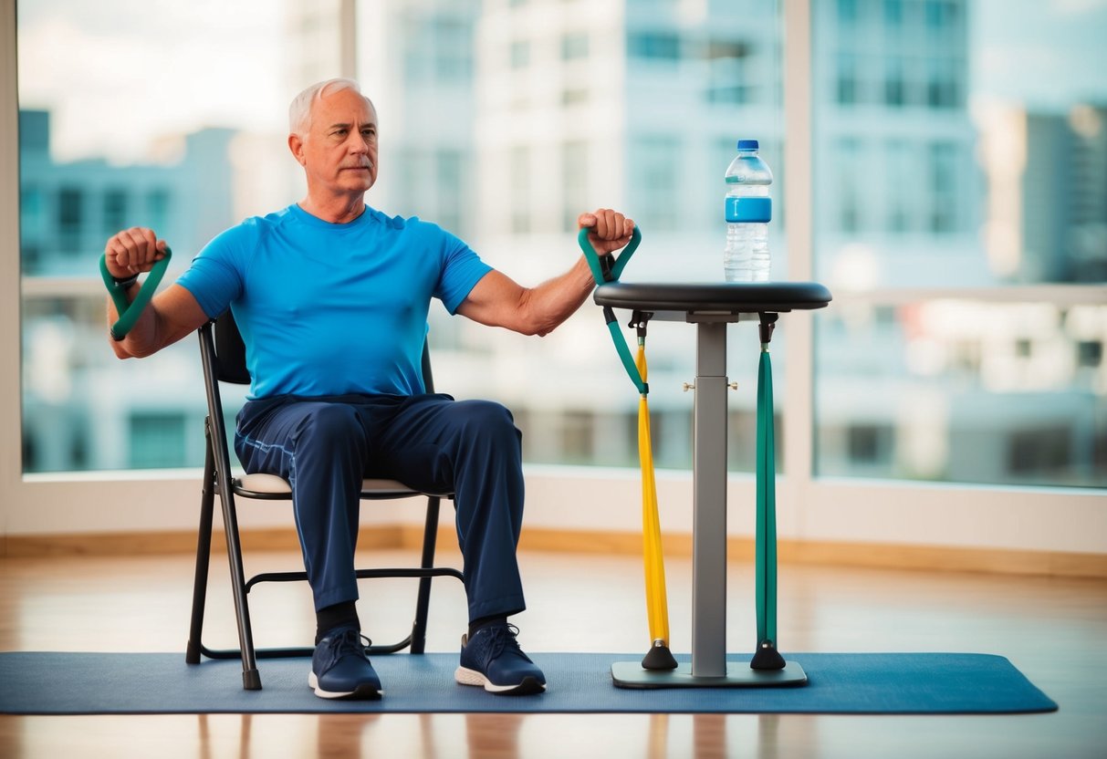 A senior isometric exercise routine with a chair, resistance bands, and a water bottle for balance