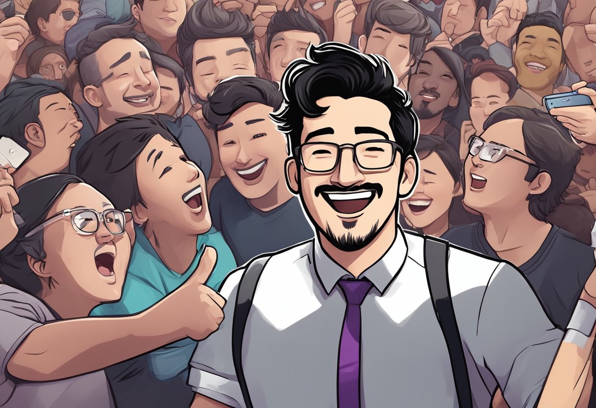 Markiplier surrounded by fans, signing autographs and taking selfies at a crowded convention. Laughter and excitement fill the air as he engages with his dedicated audience