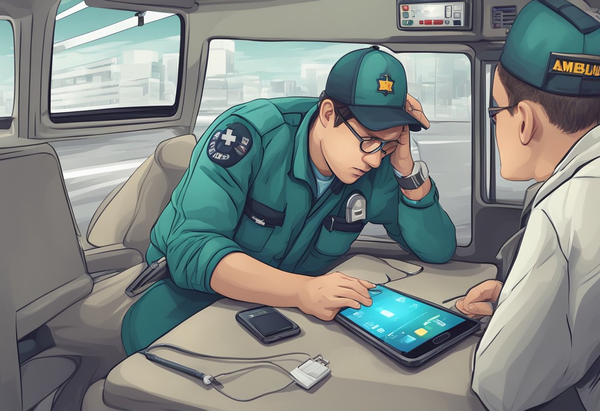 Uma pessoa procurando freneticamente no telefone o número da ambulância de emergência