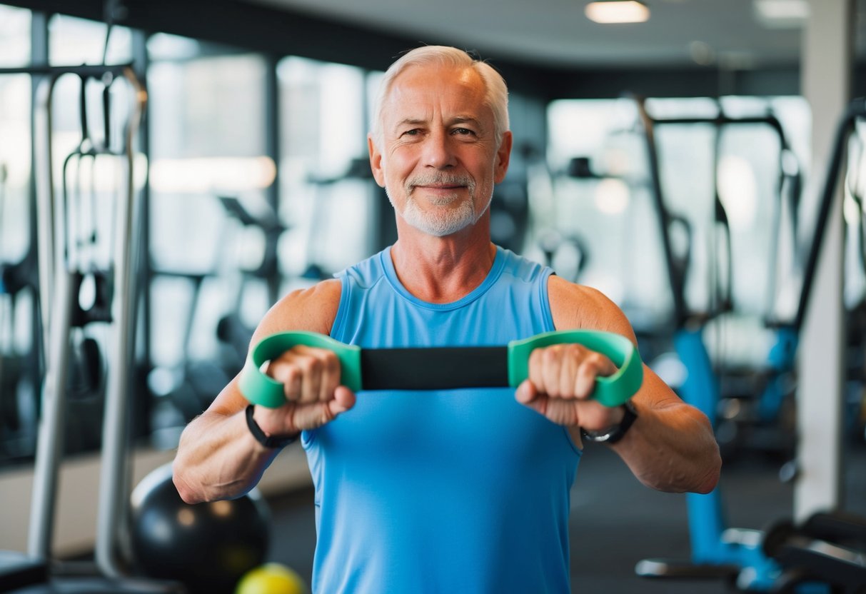 A senior holding a resistance band in a static position while surrounded by various exercise equipment