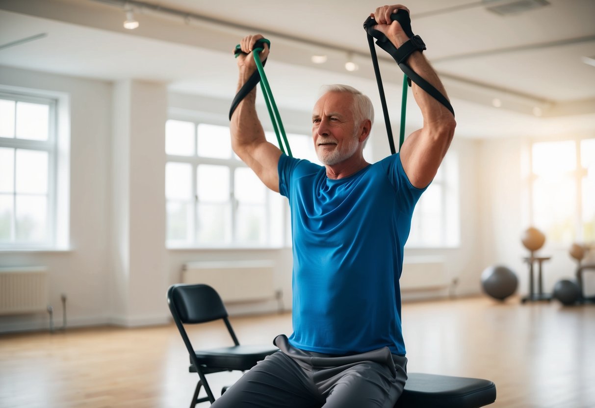 A senior using resistance bands for isometric exercises in a well-lit, spacious room with a chair for support