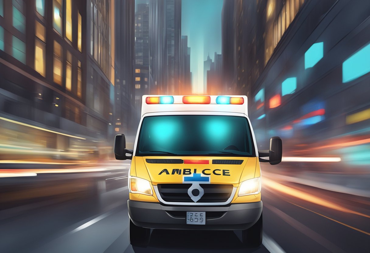 Uma ambulância acelerando pelo trânsito com luzes piscando e sirenes soando