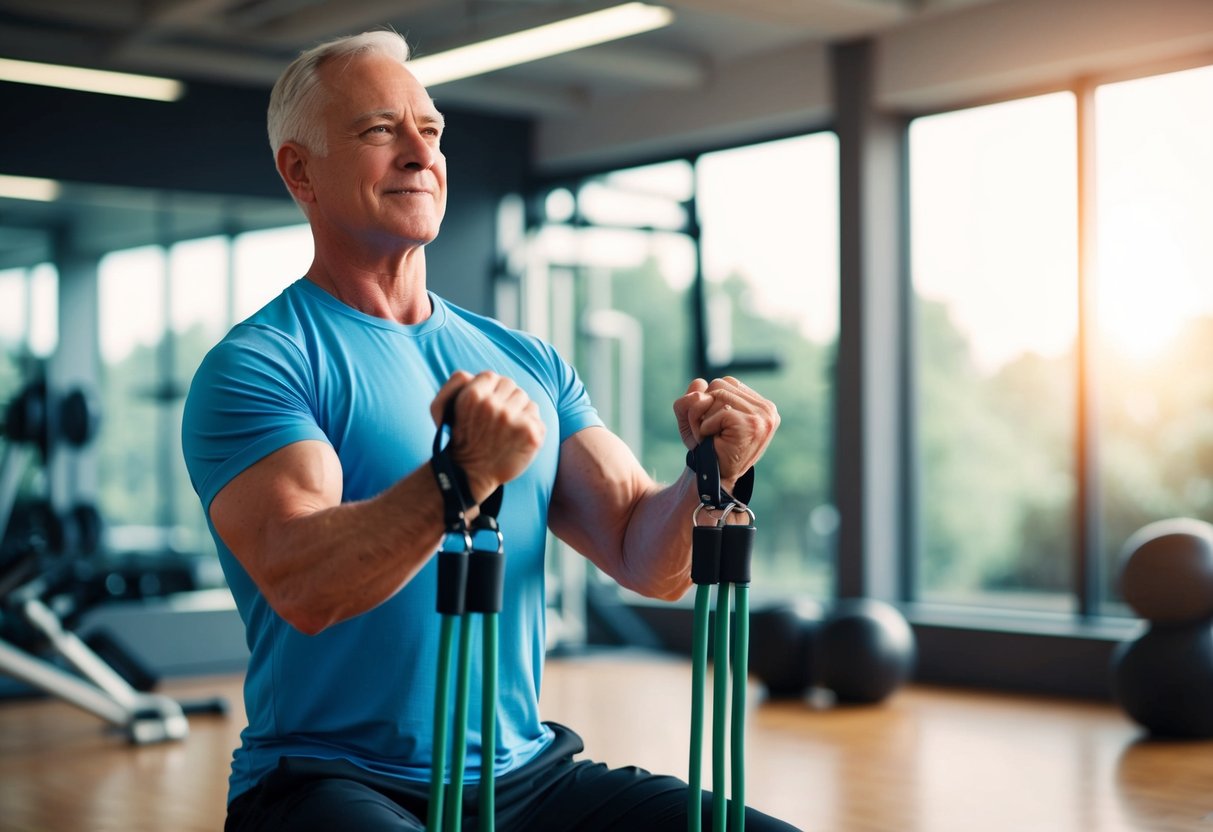 A senior using resistance bands to perform isometric exercises in a well-lit gym with a serene atmosphere