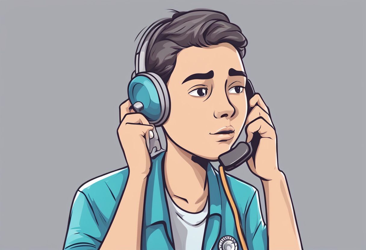 Uma pessoa segurando um telefone com uma expressão preocupada, pesquisando "número de ambulância de emergência" no Google