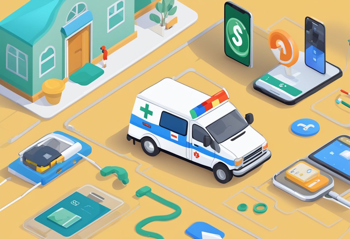 Um telefone com a barra de pesquisa do Google aberta, exibindo a consulta "qual é o número da ambulância" com itens de emergência próximos.