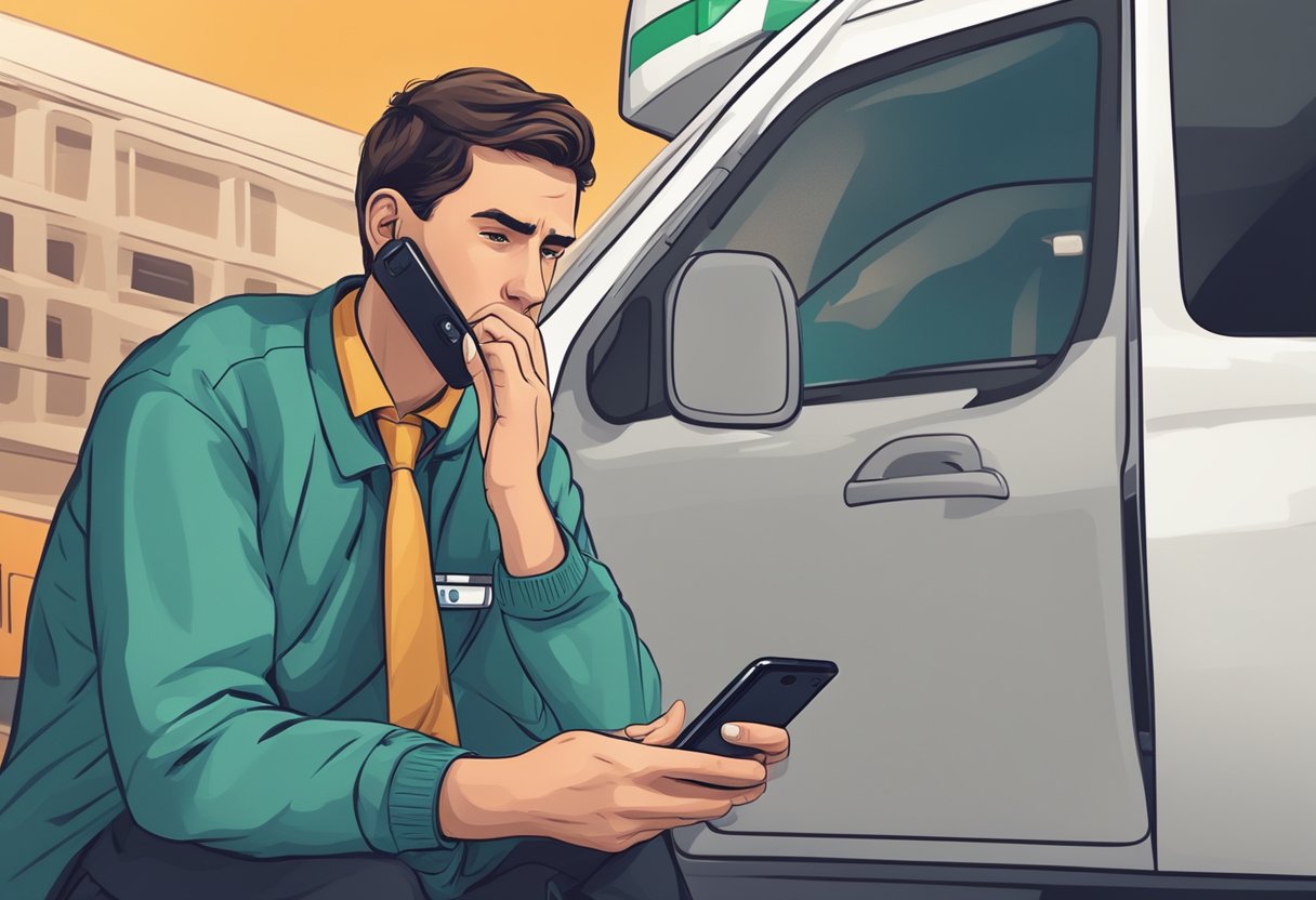 Uma pessoa procurando freneticamente no smartphone pelo número de emergência da ambulância, com um olhar de urgência e preocupação no rosto.