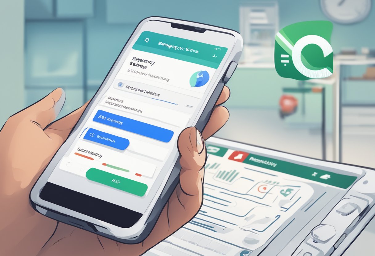 Uma pessoa procurando freneticamente por "Serviços de Emergência Médica" em um smartphone, com a barra de pesquisa do Google e os resultados visíveis na tela.