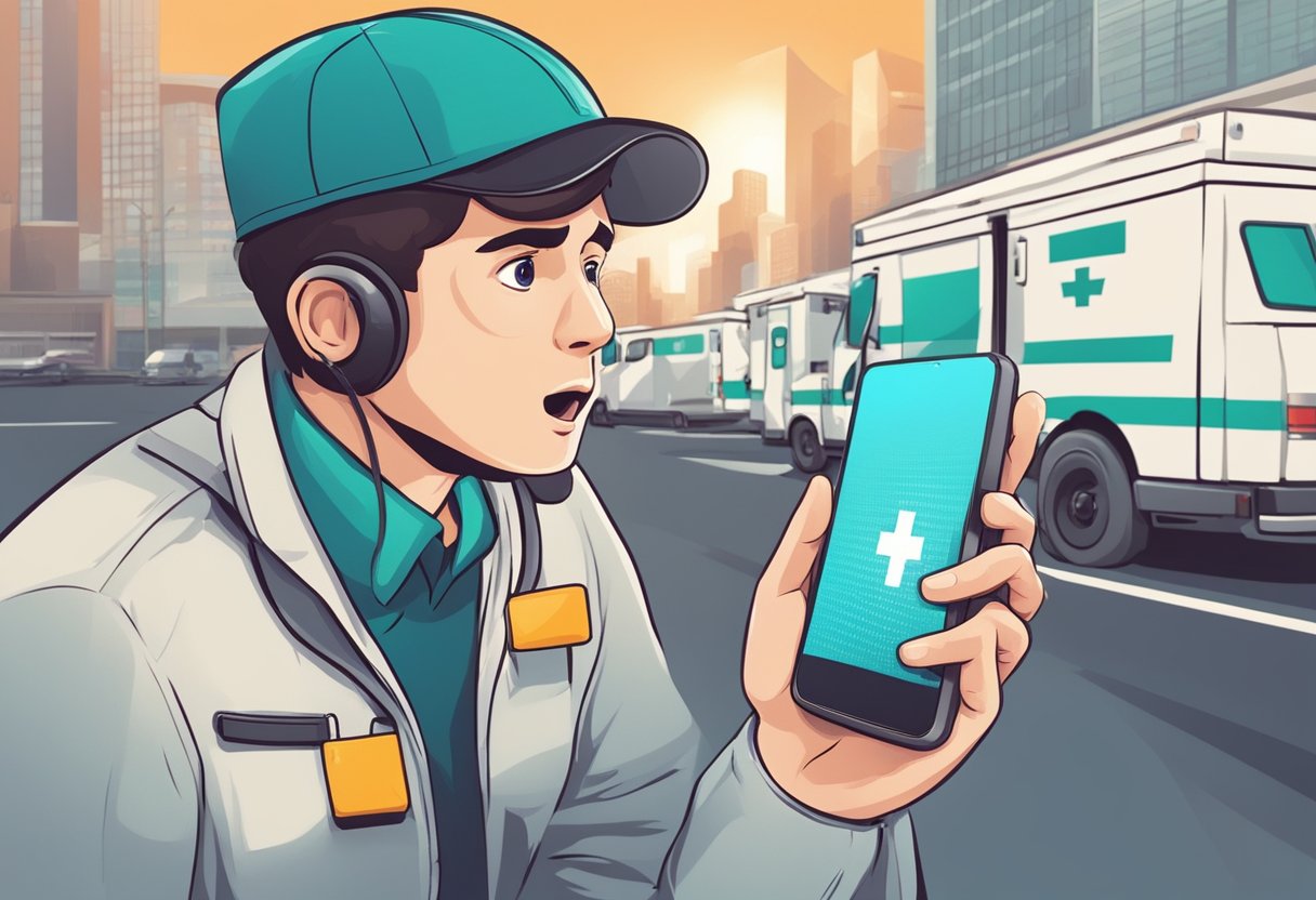 Uma pessoa procurando freneticamente no smartphone pelo número de emergência da ambulância, com um senso de urgência e pânico no ar.